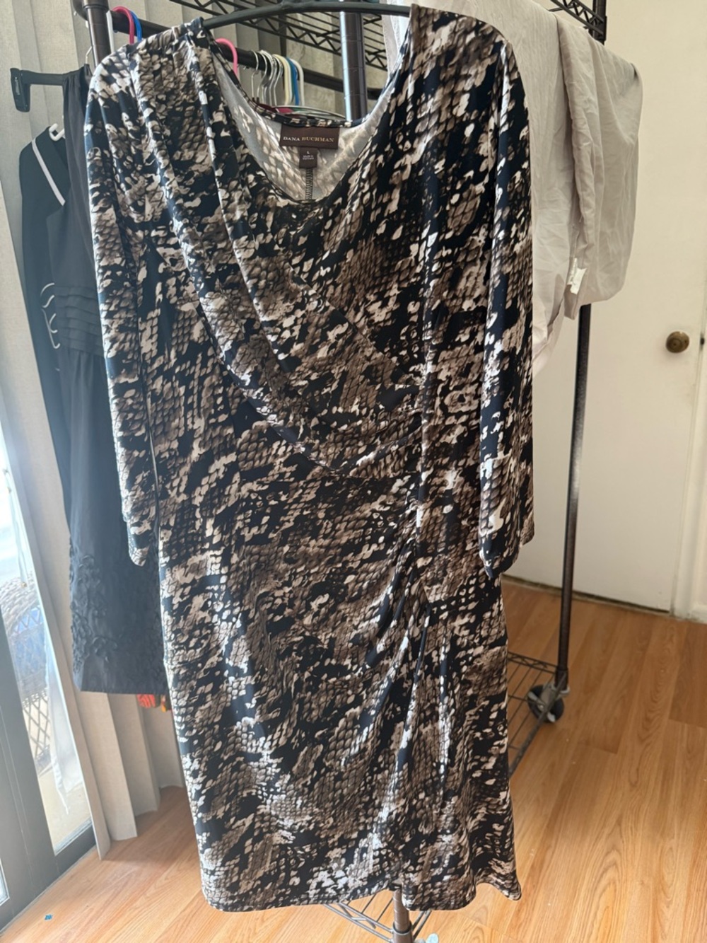 Rafaella Black and Taupe Abstract Cowl-Neck Long Sleeve Dress
